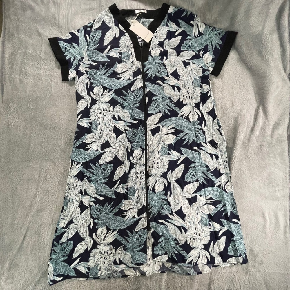 Tiki Jungle‎ Print Zip Front Cover Up Dress Blue Tropical Short Sleeve NWT XXL